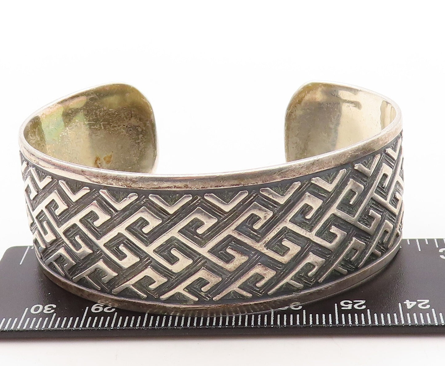 925 Sterling Silver Vintage Bracelet Solid Broad Band Maze Key Carved  BT10920