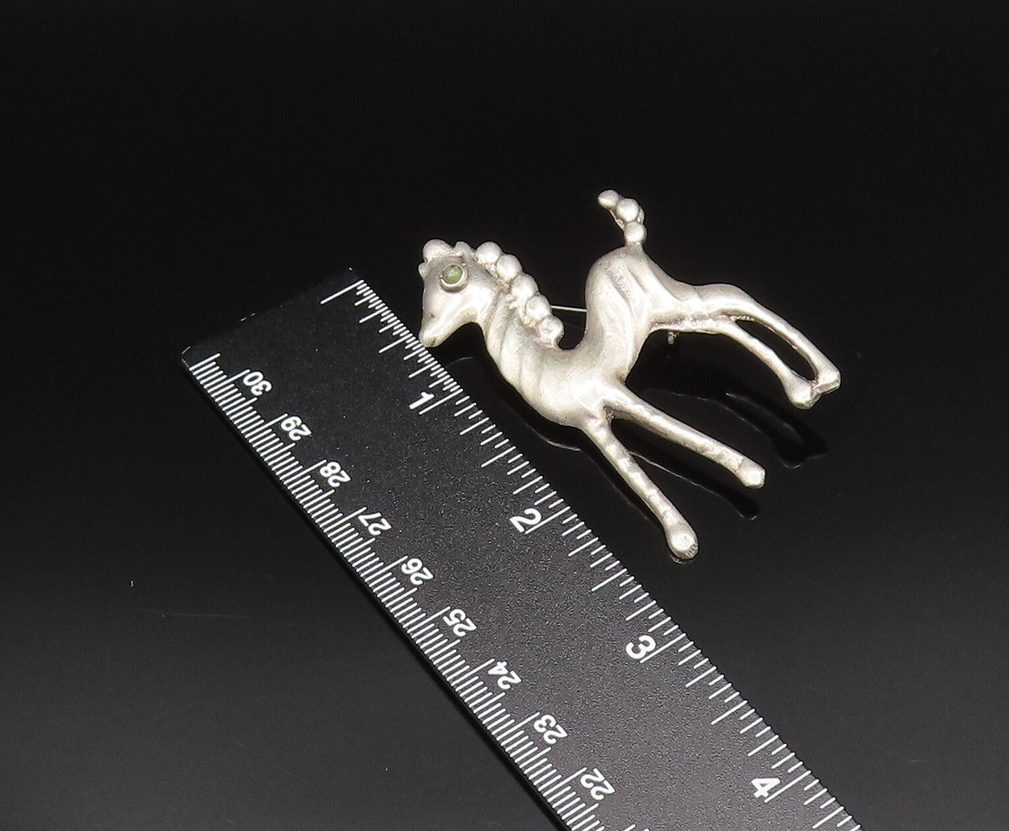 MEXICO 925 Silver  Vintage Antique Green Turquoise Eye Pony Brooch Pin  BP9751