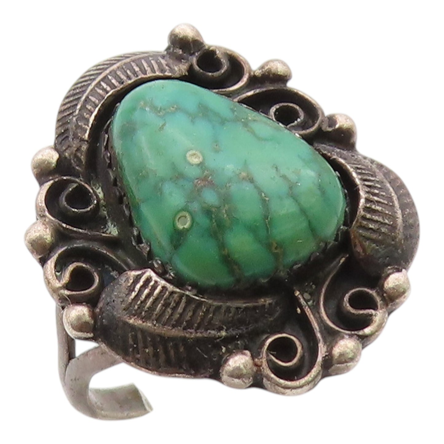 925 Sterling Silver Vintage Ring NAVAJO Turquoise Floral Leaf  Sz 9  RG36398