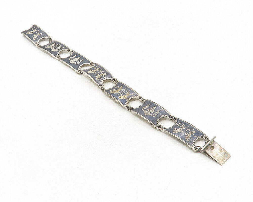 SIAM 925 Sterling Silver  Vintage Enamel Niello Dancer Chain Bracelet  BT4416