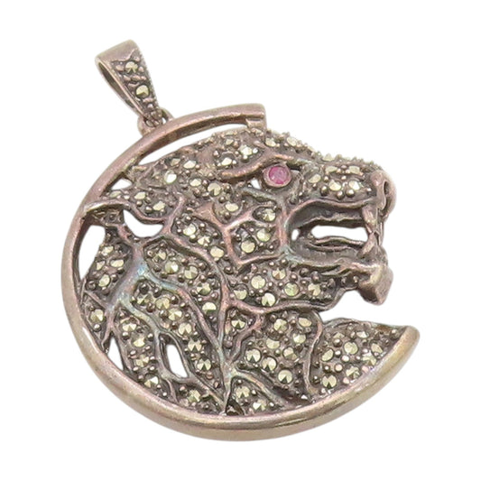 925 Sterling Silver Vintage Pendant Ruby Eyed & Marcasite Cluster Tiger  PT25569