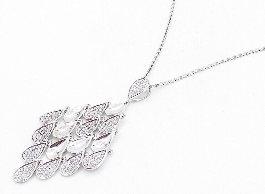 925 Sterling Silver  Sparkling Cubic Zirconia Tear Drop Chain Necklace  NE1366