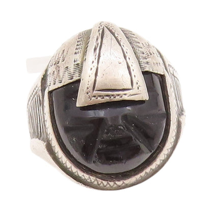 925 Sterling Silver Vintage Ring Black Onyx Face Aztec Warrior  Sz 7.5  RG32431