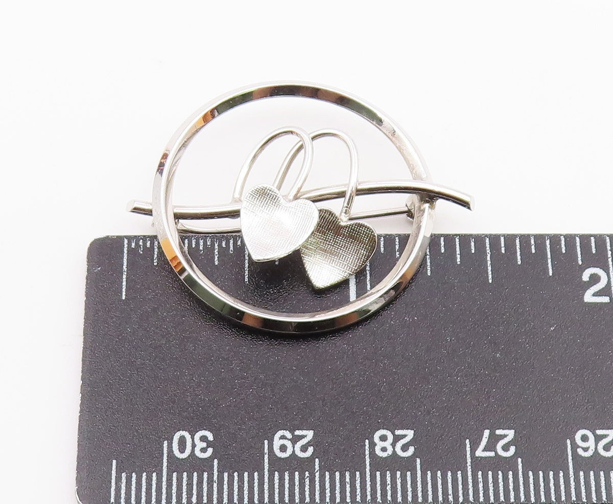 925 Sterling Silver  Vintage Shiny Double Love Hearts Round Brooch Pin  BP8600