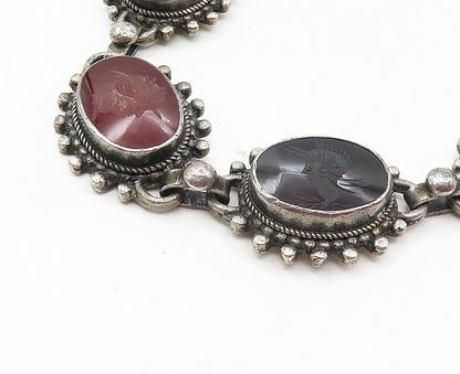 925 Sterling Silver  Vintage Black Onyx & Carnelian Chain Bracelet  BT4114