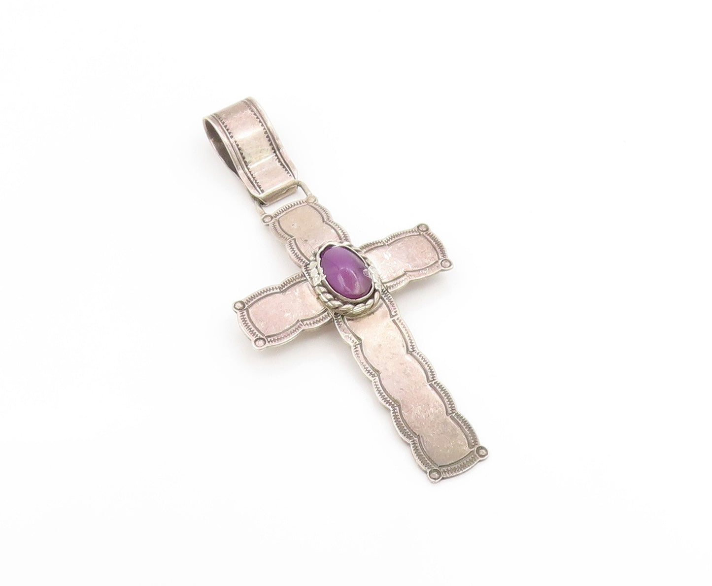 925 Sterling Silver Vintage Pendant NAVAJO Amethyst Religious Cross  PT26119
