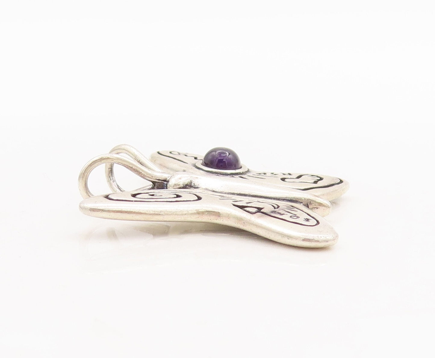 925 Sterling Silver Vintage Pendant Amethyst Swirly Etched Butterfly  PT23468