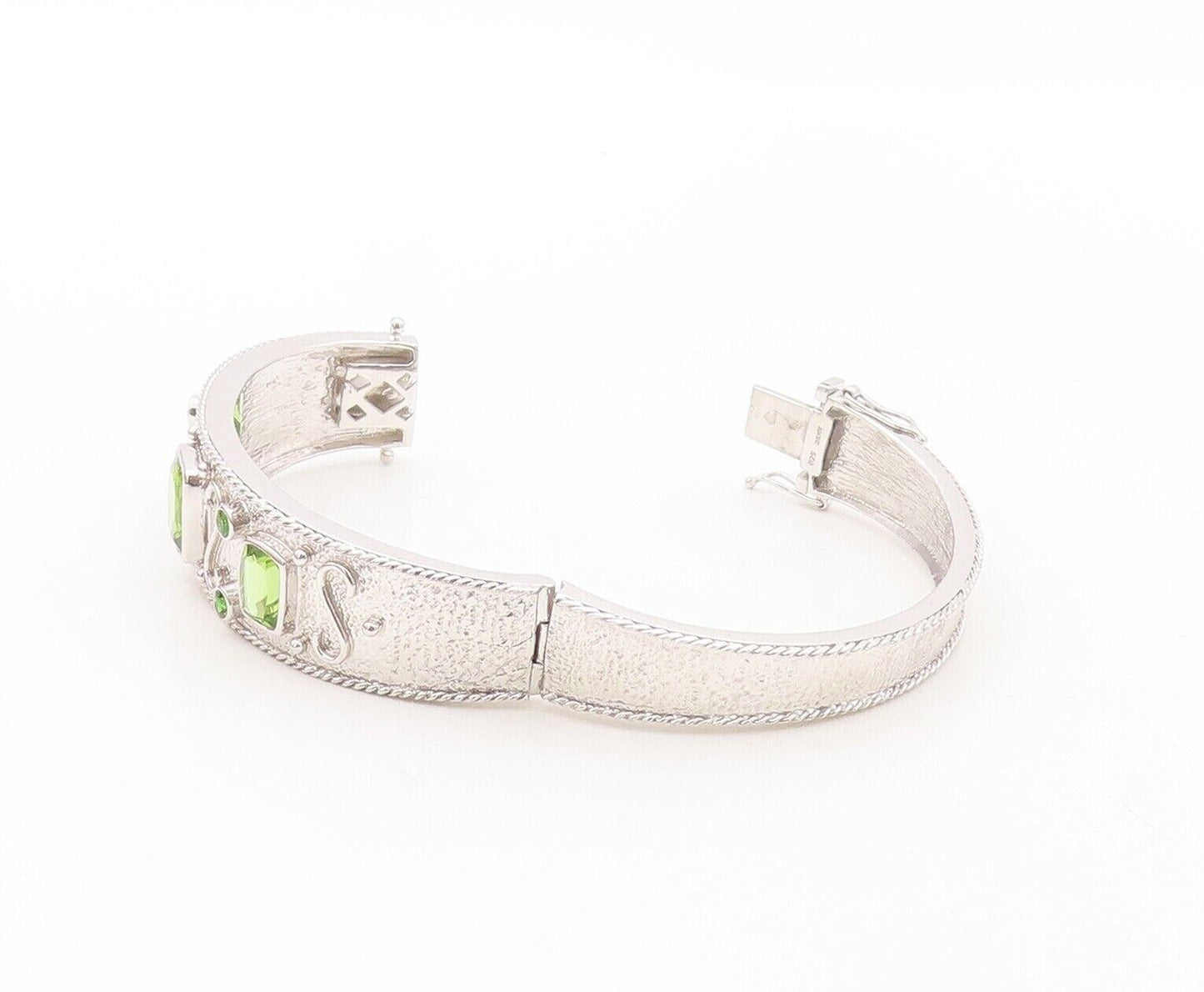 925 Sterling Silver Vintage Bracelet Solid Carved Rectangle Peridot  BT10721