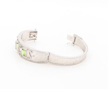 925 Sterling Silver Vintage Bracelet Solid Carved Rectangle Peridot  BT10721