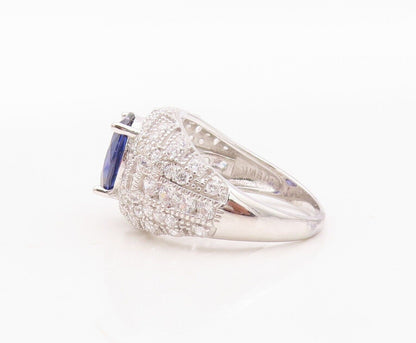 925 Sterling Silver Vintage Ring Carved CZ Inlay Oval Sapphire  Sz 7.5  RG29959