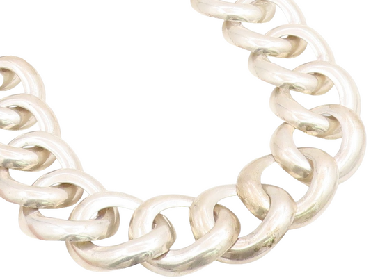 925 Sterling Silver Vintage Necklace MEXICO Chunky Oval Cuban Link Choker NE4788