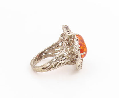 925 Sterling Silver Vintage Ring Oval Honey Amber Brutalist Band Sz 7.5 RG33932