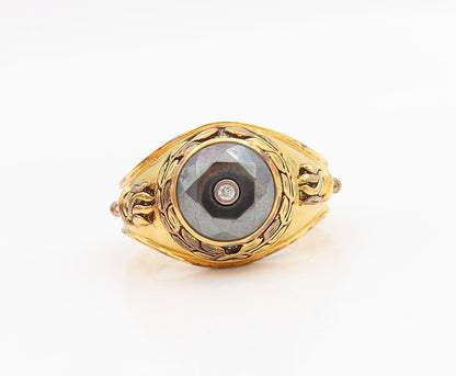 925 Sterling Silver Vintage Ring Gold Plated Diamond & Hematite  Sz 14  RG34223