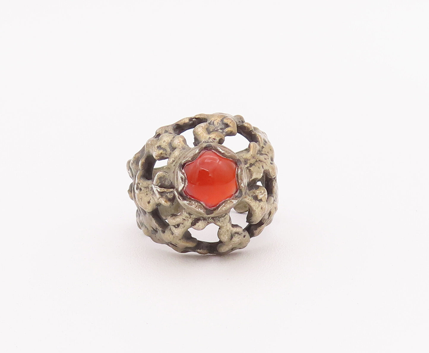 925 Sterling Silver Vintage Ring European Brutalist Real Carnelian Sz 7 RG27978