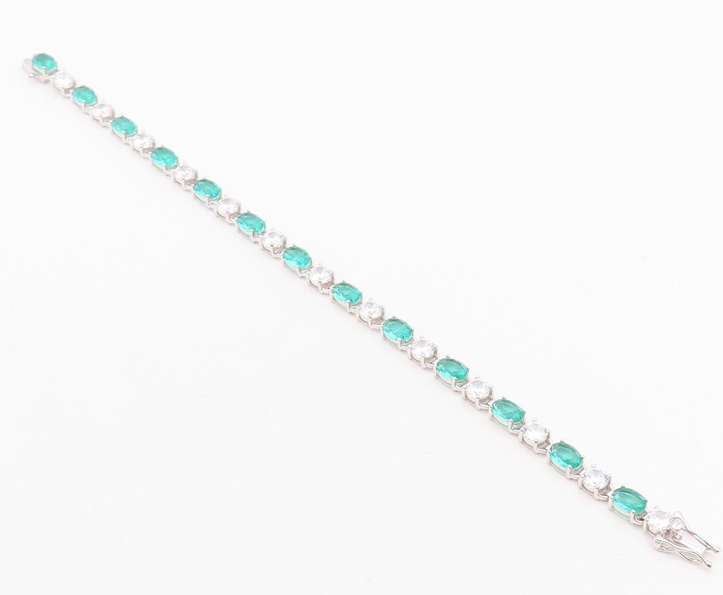 925 Sterling Silver Vintage Bracelet Oval Cut Sea Green & White Topaz  BT10881
