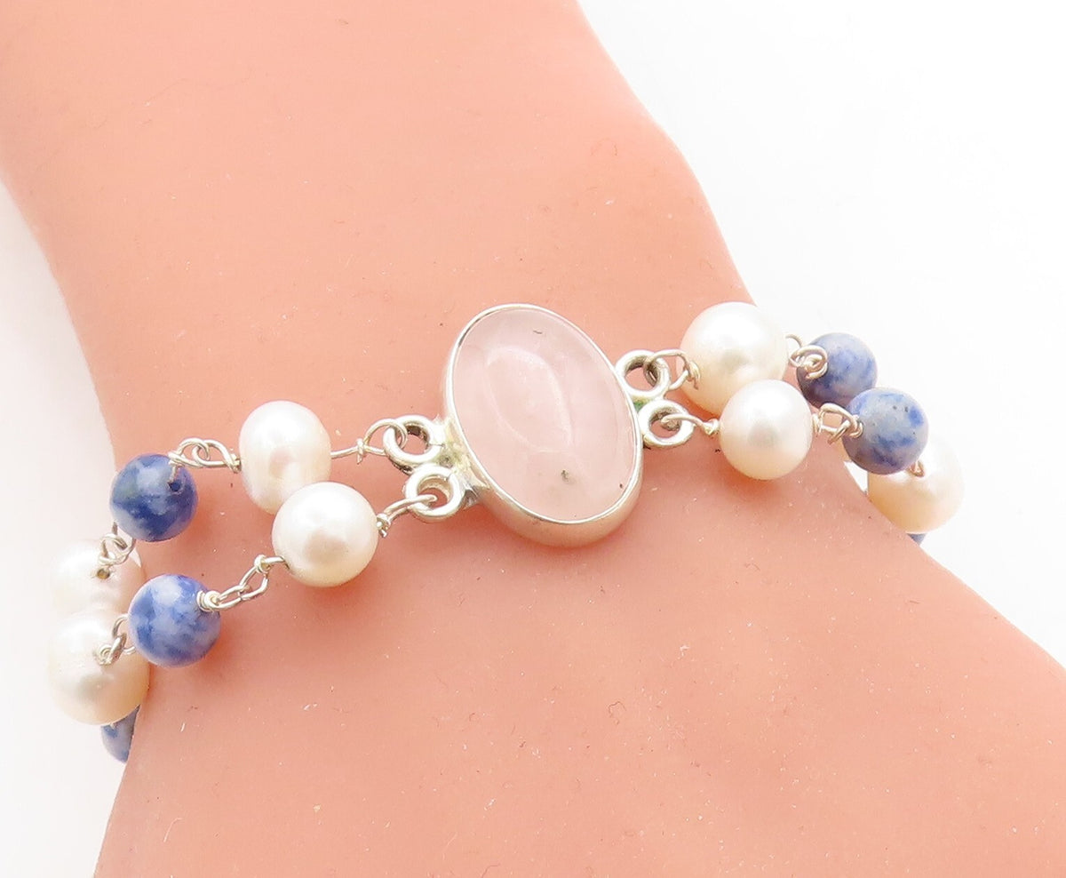925 Sterling Silver  Rose Quartz & Freshwater Pearls Chain Bracelet  BT1165