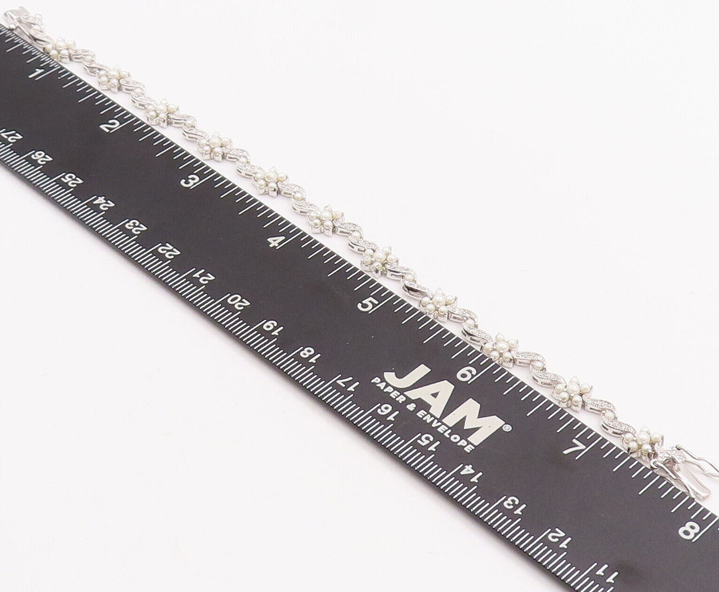 925 Sterling Silver Vintage Bracelet Cutout Pearls & CZ Inlay Flowers  BT10634