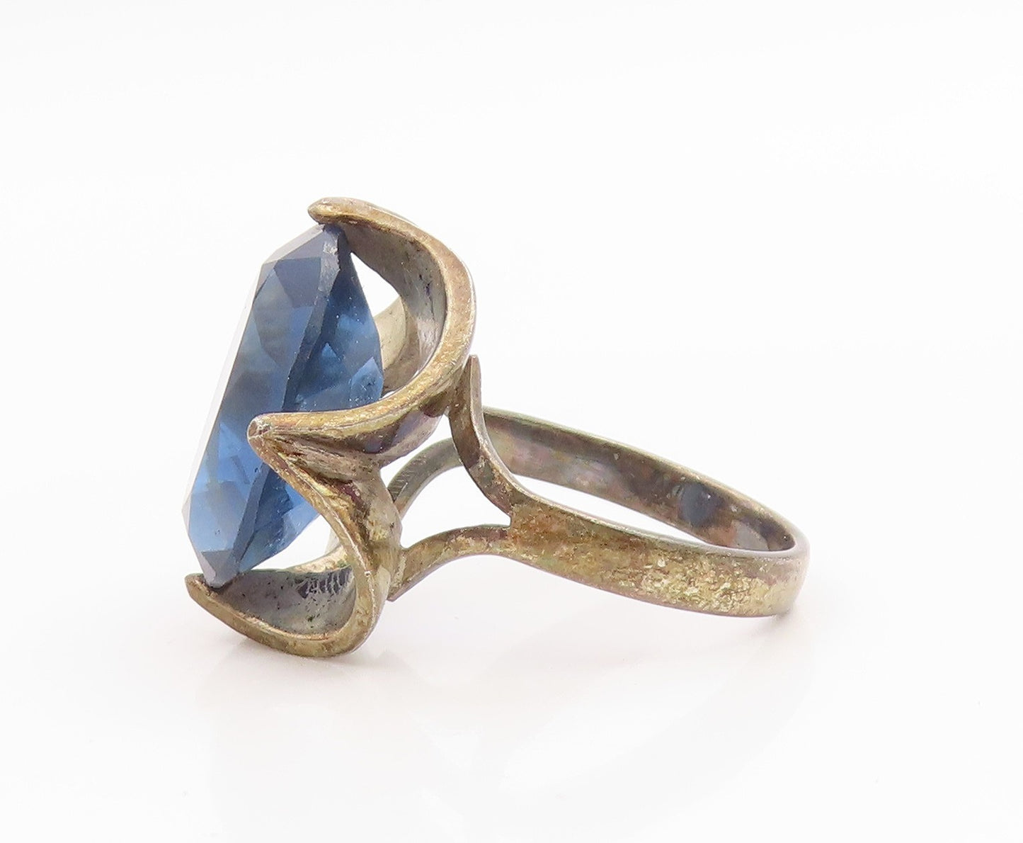 925 Sterling Silver Vintage Ring Modernist Faceted Sapphire Band  Sz 8  RG35976