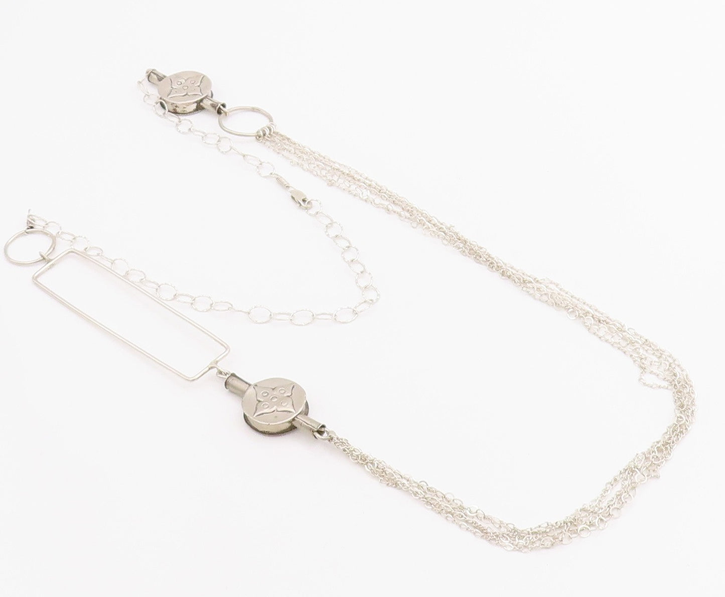 925 Sterling Silver Vintage Necklace Modernist  Floral & Rectangle Cutout NE4580
