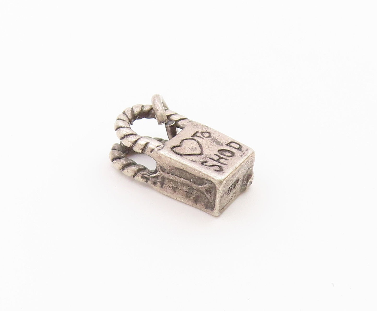 925 Silver  Vintage Engraved Love To Shop & Bow Tote Bag Charm Pendant PT21262