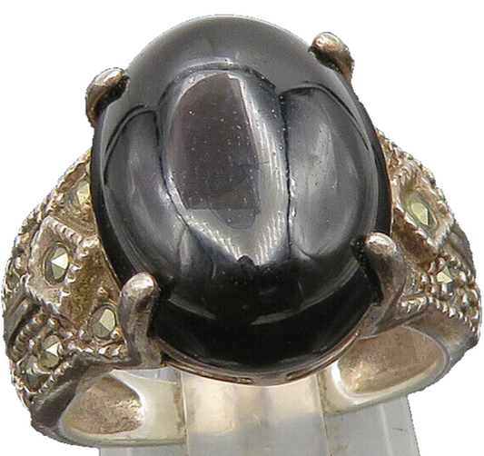 AVON 925 Silver  Vintage Cabochon Black Onyx & Marcasite Ring Sz 6  RG24809