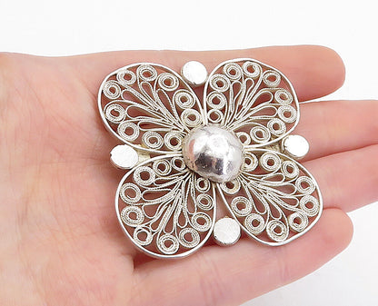 925 Sterling Silver  Vintage Shiny Floral Swirl Filigree Brooch Pin  BP1745