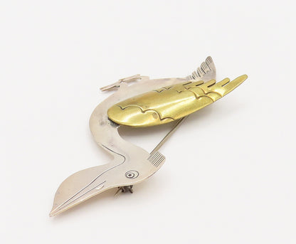 MEXICO 925 Sterling Silver Vintage Two Tone Pelican Bird Brooch Pin BP10139