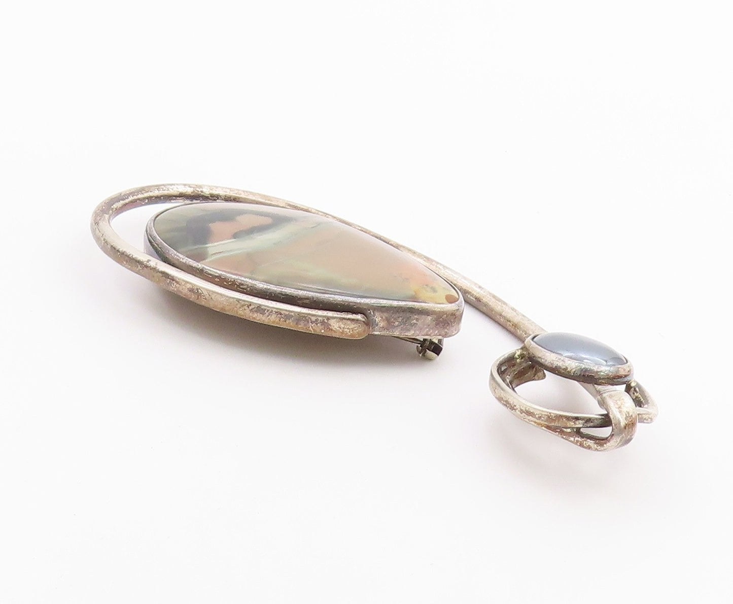 DESIGNER 925 Sterling Silver  Vintage Agate & Hematite Brooch Pin  BP7848