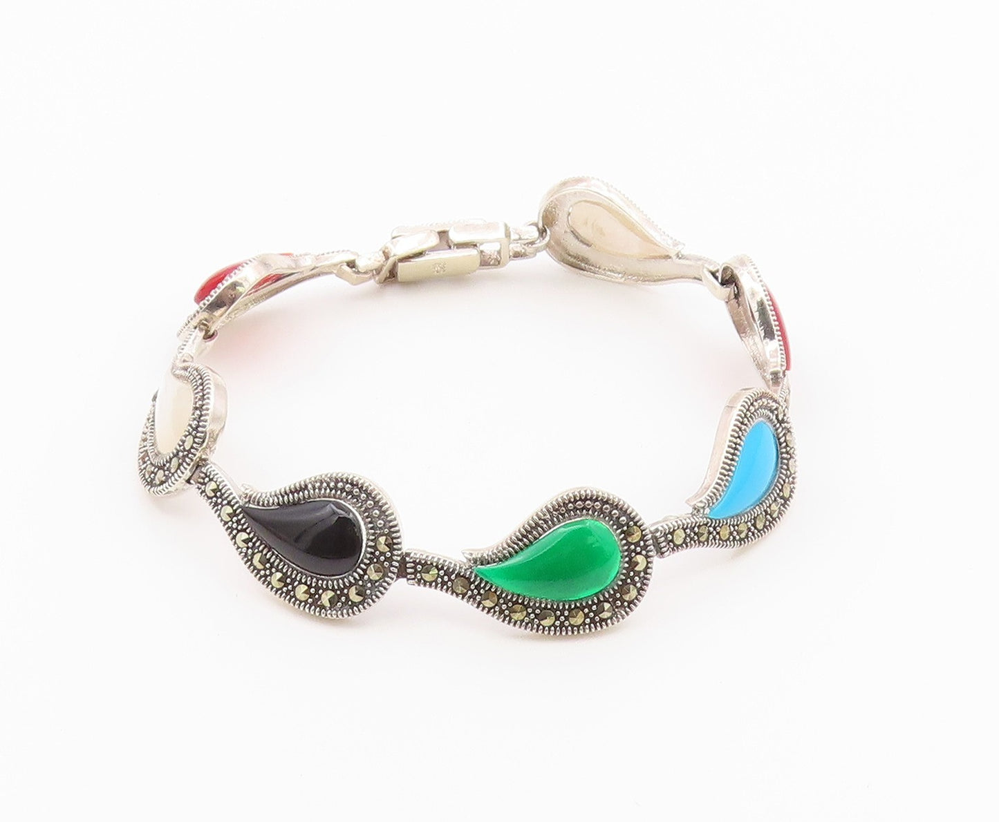 925 Silver Vintage Mother Of Pearl Turquoise & Multi Stone Bracelet BT3713