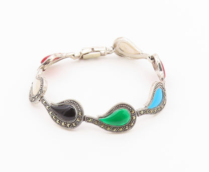 925 Silver Vintage Mother Of Pearl Turquoise & Multi Stone Bracelet BT3713