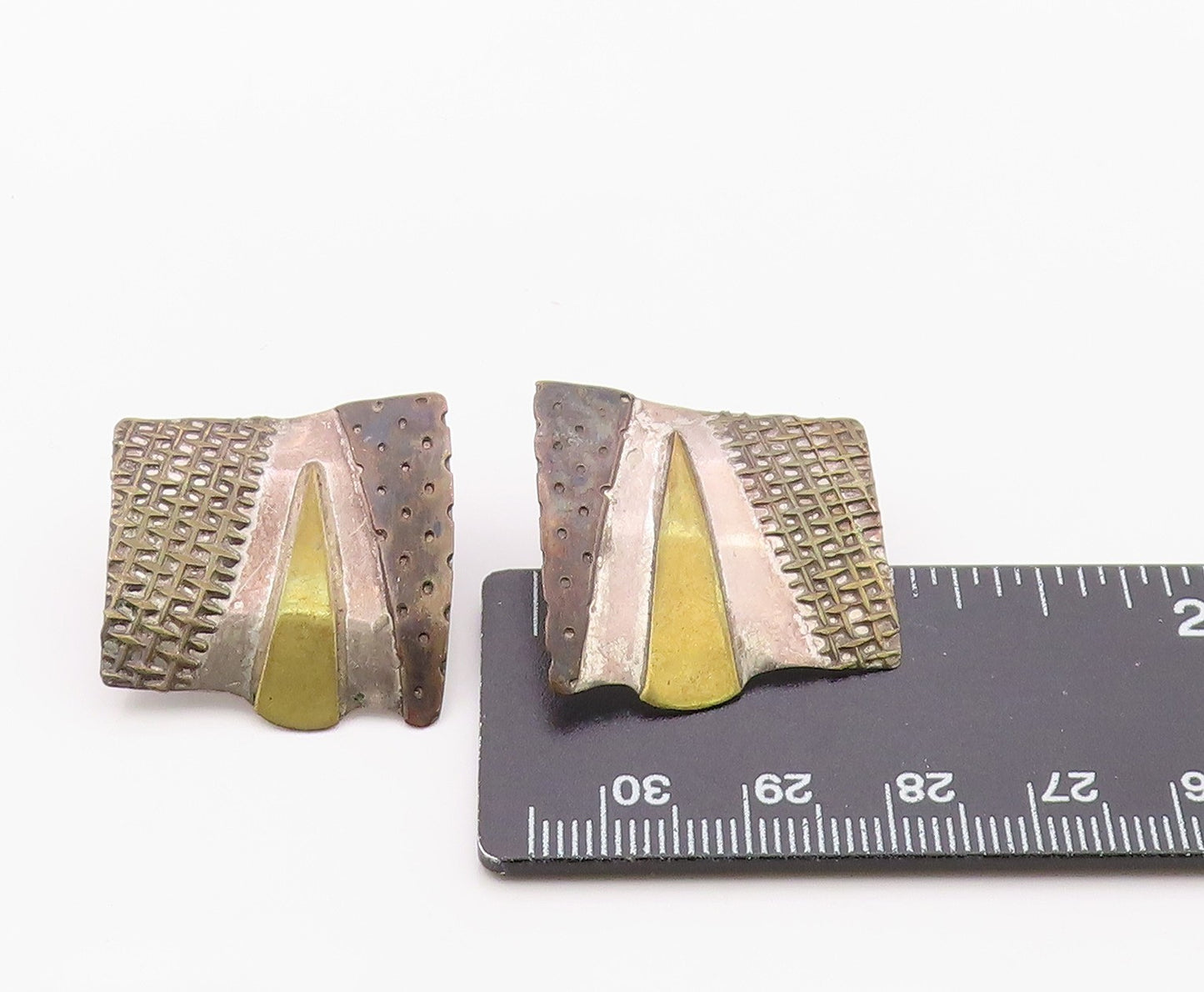 14K Gold & 925 Sterling Silver Vintage Earrings Classic Geometric Shield EG14400