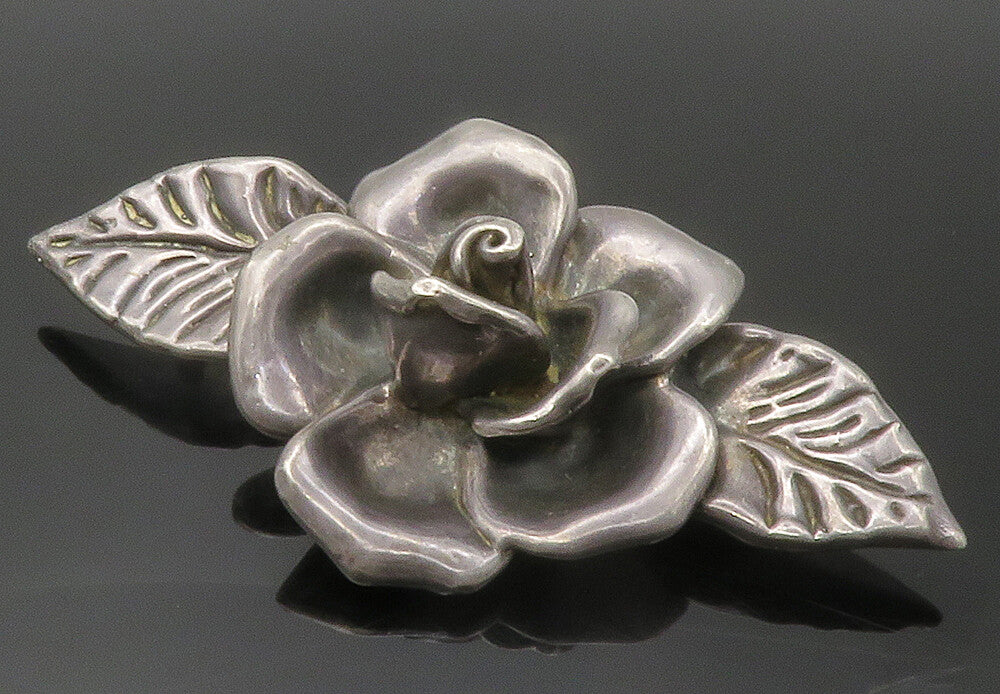 BAT AMI 925 Silver  Vintage Dark Tone Sculpted Rose Flower Brooch Pin  BP5504