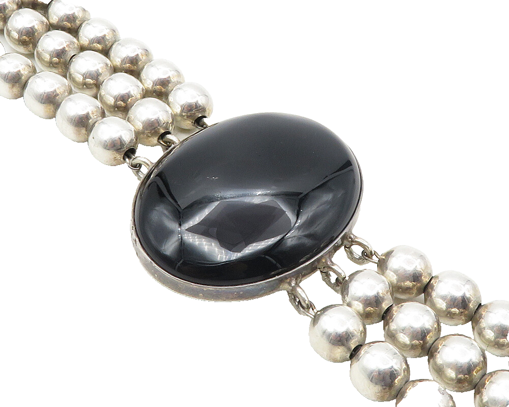 MEXICO 925 Silver  Vintage Black Onyx Shiny Ball Beaded Chain Bracelet  BT4177