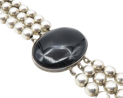 MEXICO 925 Silver  Vintage Black Onyx Shiny Ball Beaded Chain Bracelet  BT4177