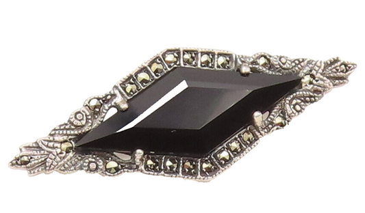 925 Sterling Silver Vintage Brooch Pin Rhombus Cut Onyx Carved Marcasite BP10634
