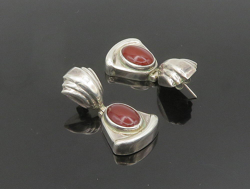 MEXICO 925 Silver  Vintage Cabochon Cut Carnelian Triangle Earrings  EG11668