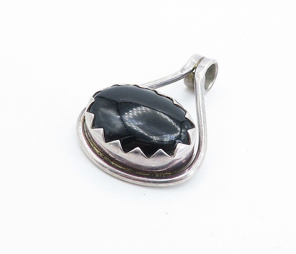 MEXICO 925 Silver  Vintage Cabochon Cut Black Onyx Serrated Pendant  PT4166