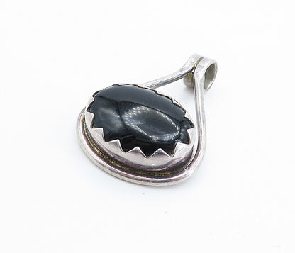 MEXICO 925 Silver  Vintage Cabochon Cut Black Onyx Serrated Pendant  PT4166
