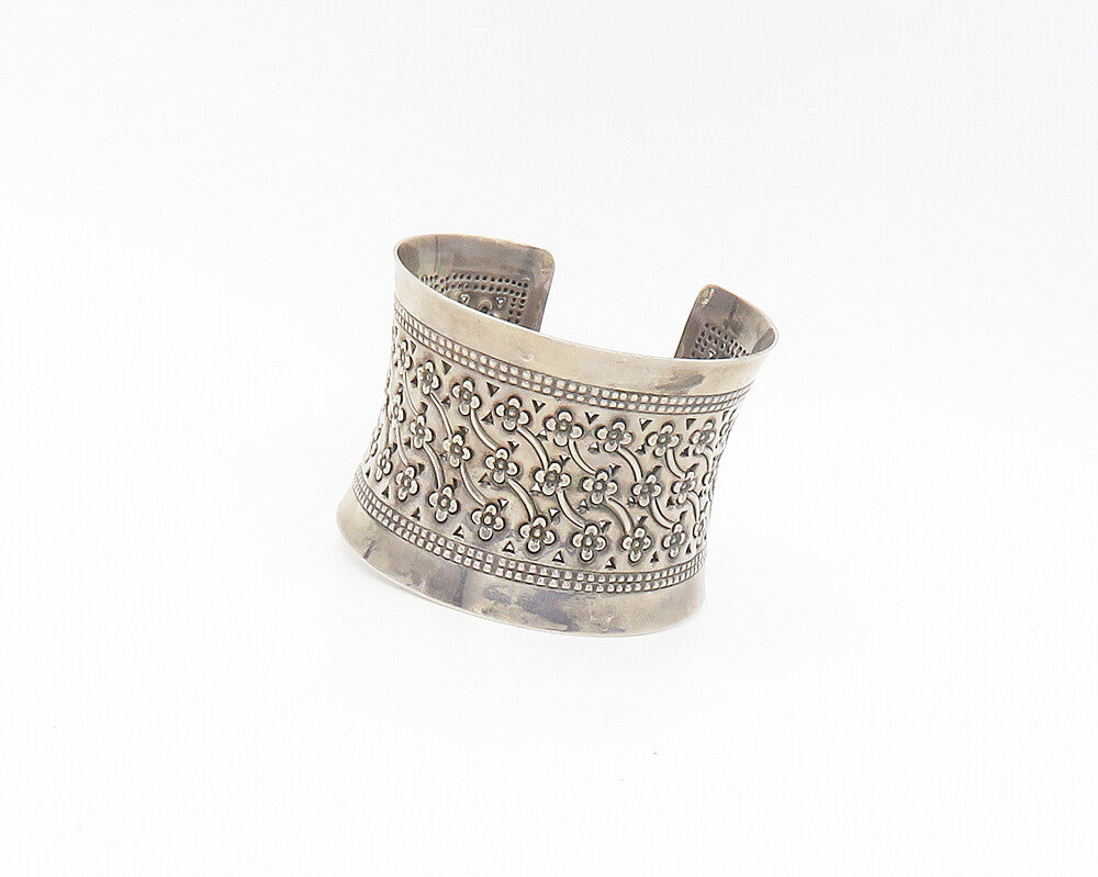 925 Sterling Silver  Vintage Flower Patterned Dark Tone Cuff Bracelet  BT7318