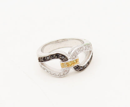925 Silver  Vintage Inlay Black White & Golden CZ Lock Loop Ring Sz 7  RG27255