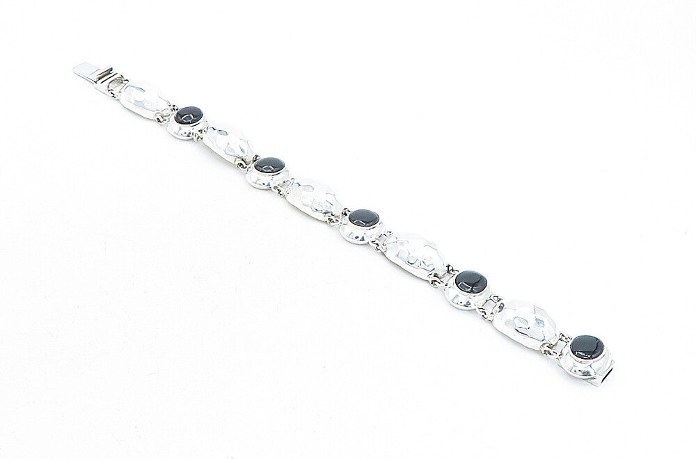 925 Sterling Silver  Black Onyx Shiny Hammered Dome Chain Bracelet  BT1933