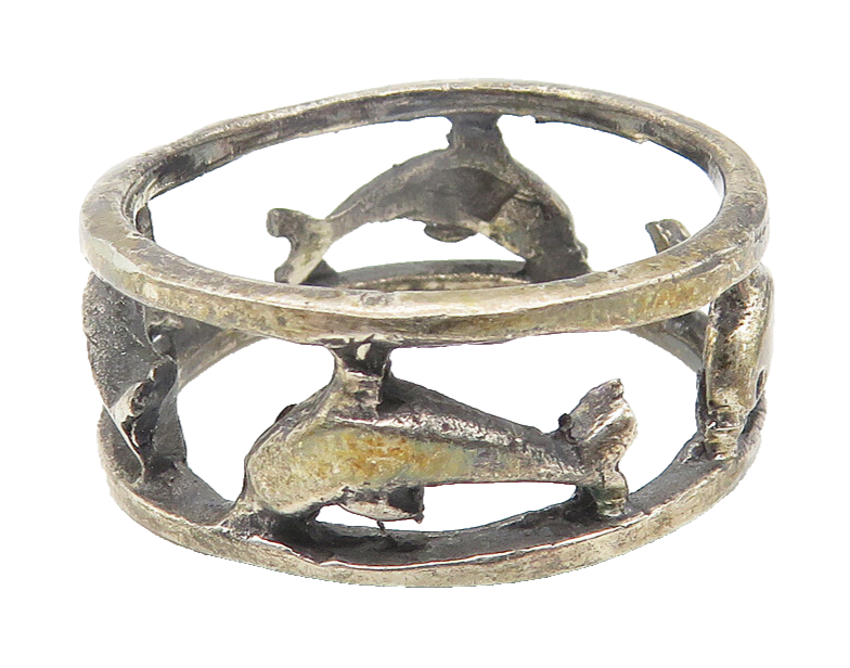 925 Sterling Silver  Vintage Oxidized Dolphins Open Band Ring Sz 9.5  RG10792