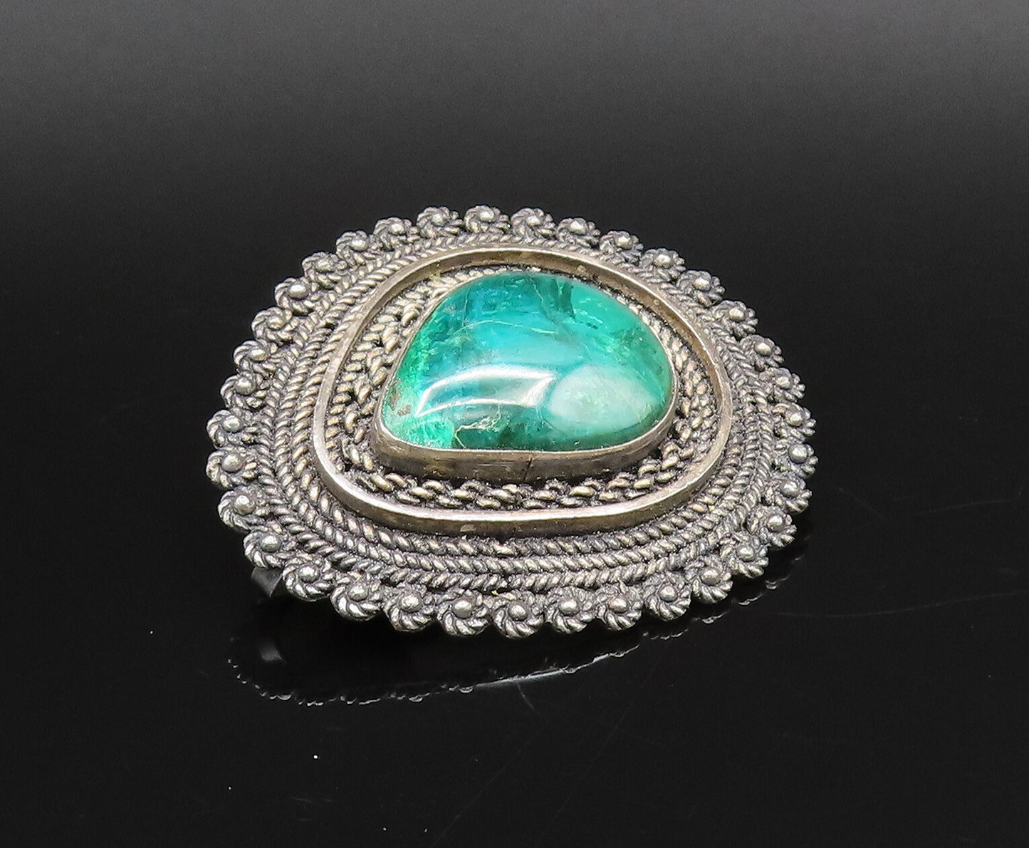 ISRAEL 925 Sterling Silver Vintage Rope Twist & Chrysocolla Brooch Pin BP10026