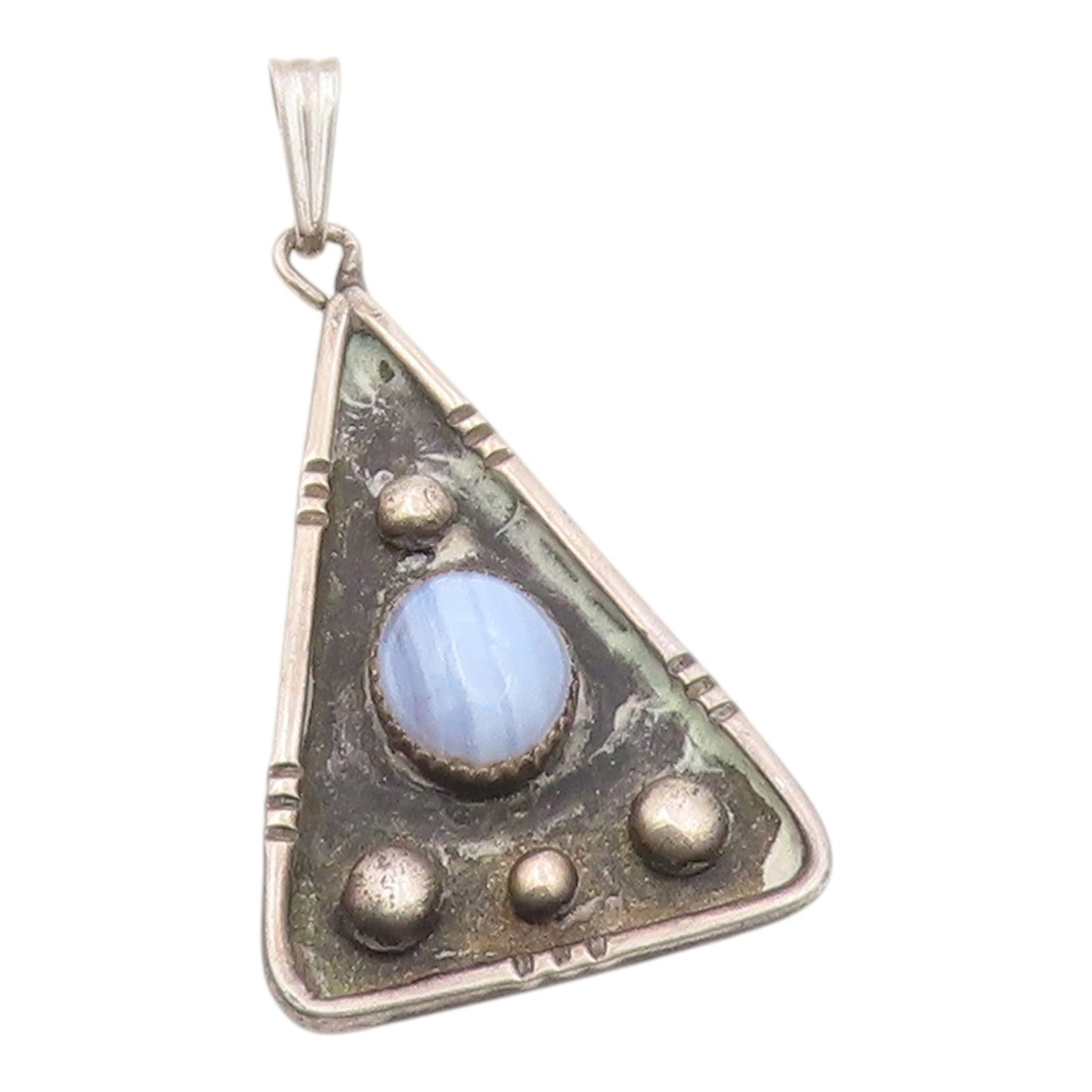 925 Sterling Silver Vintage Triangular Plate Beaded Chalcedony Pendant PT22211
