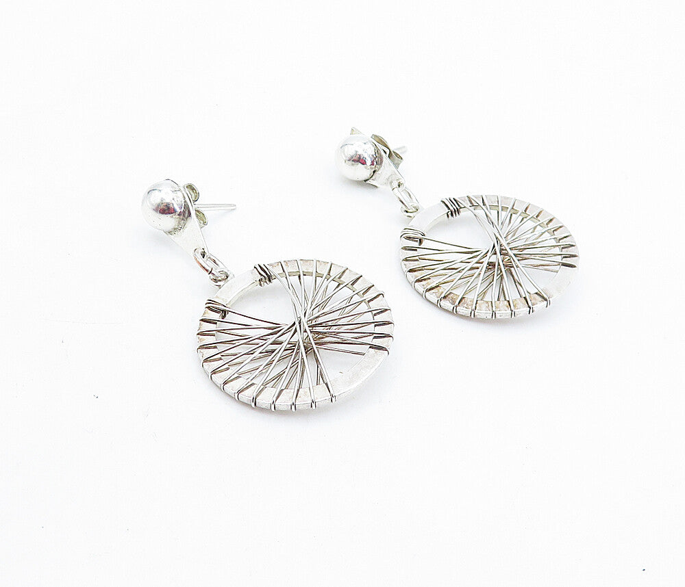 MEXICO 925 Sterling Silver  Vintage Shiny Wire Wrapped Drop Earrings  EG2797