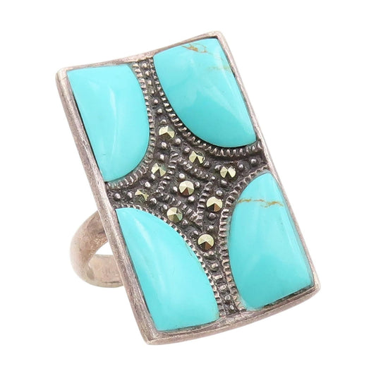 925 Sterling Silver Vintage Ring Blue Turquoise & Marcasite Band  Sz 7  RG34233