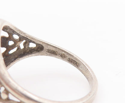 925 Sterling Silver Vintage Ring Cutout Heart Design Oval CZ  Sz 6  RG29060