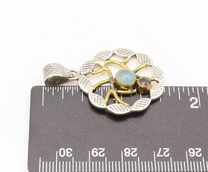 925 Silver  Vintage Round Leaf Designer Larimar Smokey Quartz Pendant  PT22314