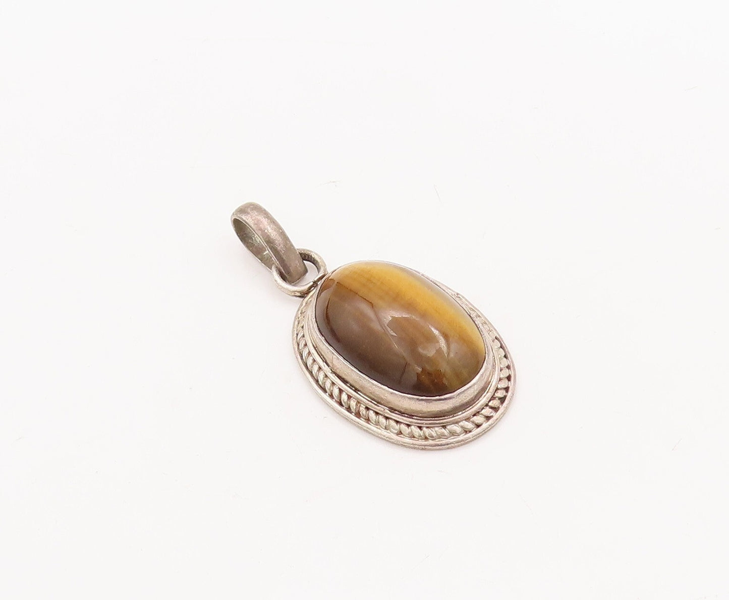 925 Sterling Silver Vintage Pendant Oval Tiger's Eye Halo Twisted Rope  PT23452