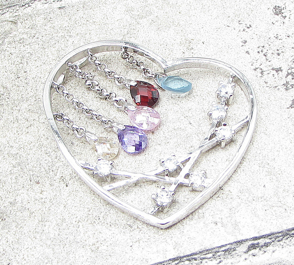 925 Silver Multi Colored Faceted Gemstones Love Heart Slider Pendant PT1413